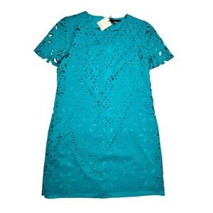 NWT TRINA TURK Women’s Sz Medium Boho Dynamix Turquoise Shift Short Sleeve Dress
